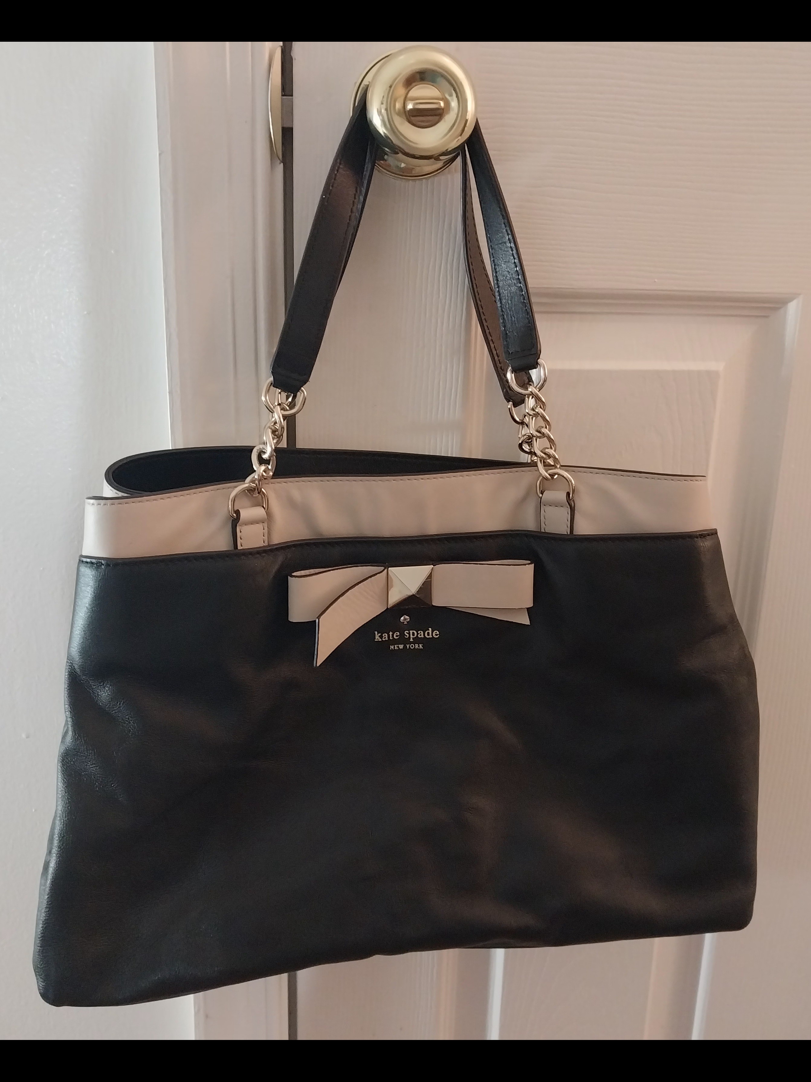 Kate Spade Hancock Park Maryanne Black And Cream Leather Tote With Bow